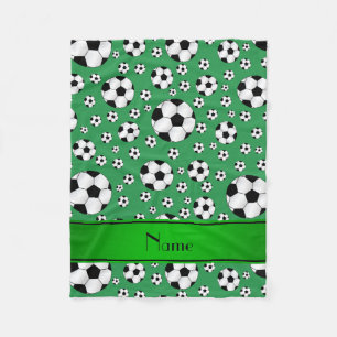 Custom name fun green soccer balls green stripe fleece blanket