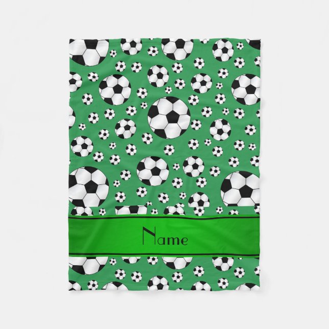 Custom name fun green soccer balls green stripe fleece blanket (Front)