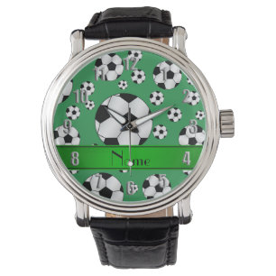 Custom name fun green soccer balls green stripe watch