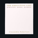 Custom Name Fun List Lover Pastel Pink Minimalist Notepad<br><div class="desc">Fun stylish chic minimalist premium look personalized notepad for the unapologetic list maker. Delicate elegant pastel pink feminine girly background and classy golden and maroon brown typography. Add your name and custom text, for example the fun phrase saying quote THE EXECUTIVE LIST, that resonates so well with some of us,...</div>