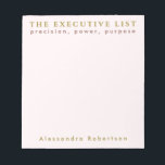 Custom Name Fun List Lover Pastel Pink Minimalist  Notepad<br><div class="desc">Fun stylish chic minimalist premium look personalized notepad for the unapologetic list maker. Delicate elegant pastel pink feminine girly background and classy golden and maroon brown typography. Add your name and custom text, for example the fun phrase saying quote THE EXECUTIVE LIST, that resonates so well with some of us,...</div>