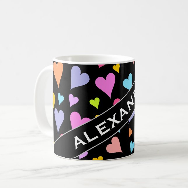 Custom Name + Fun, Loving, Colourful Hearts Coffee Mug (Front Left)
