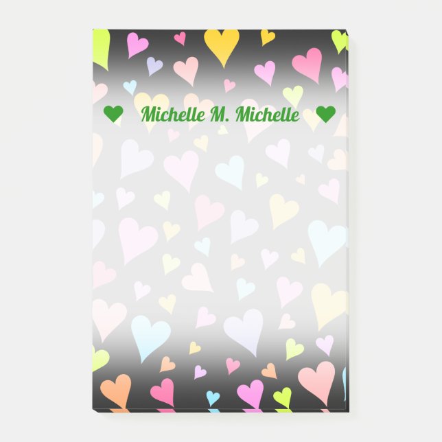 Custom Name + Fun, Loving, Colourful Hearts Patter Post-it Notes (Front)