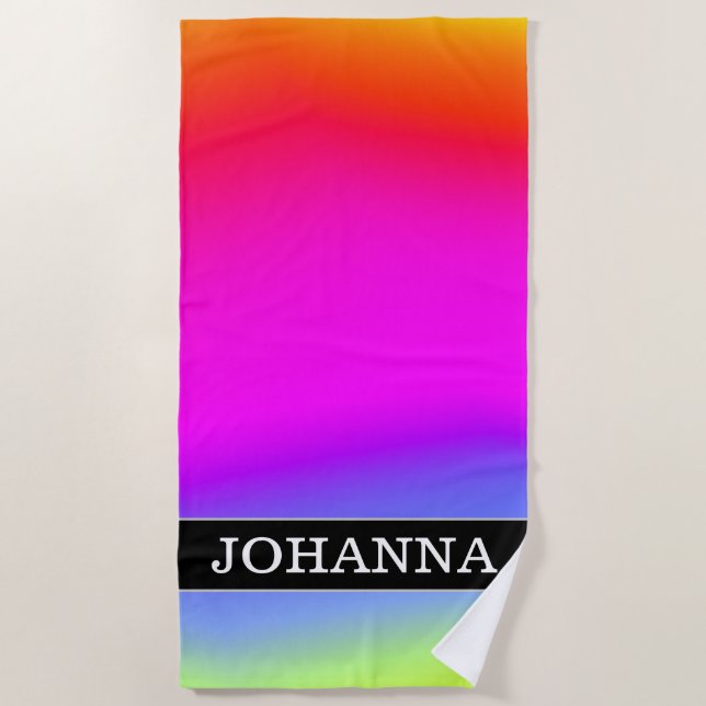 Custom Name; Fun Multicolored Rainbow-Like Pattern Beach Towel (Front)