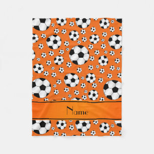 Custom name fun orange soccer balls orange stripe fleece blanket