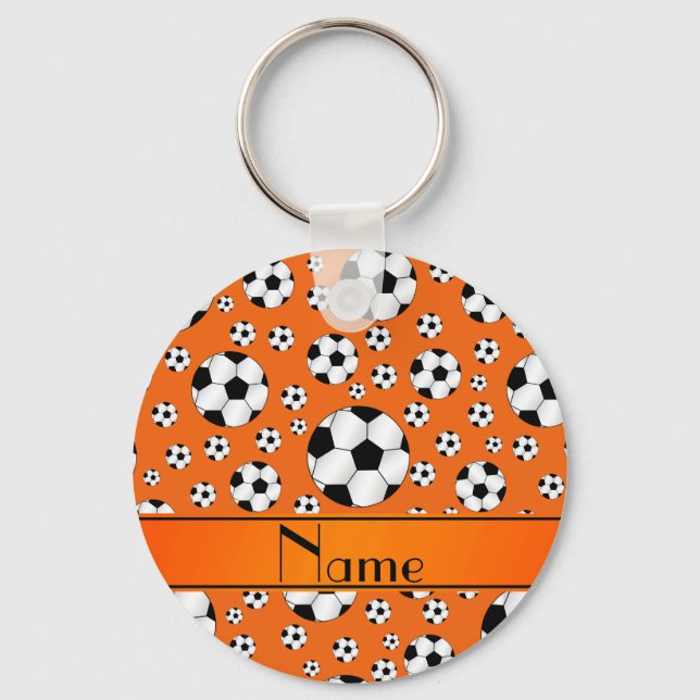 Custom name fun orange soccer balls orange stripe keychain (Front)