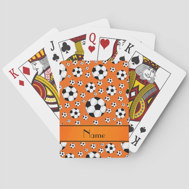 Custom name fun orange soccer balls orange stripe playing cards (Back)