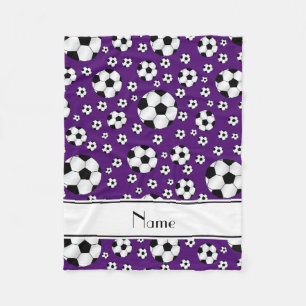 Custom name fun purple soccer balls white stripe fleece blanket