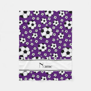 Custom name fun purple soccer balls white stripe fleece blanket