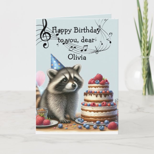 Custom Name Fun Raccoon Birthday Cake  Card (Front)