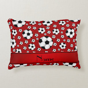 Custom name fun red soccer balls red stripe decorative pillow