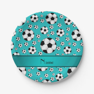 Custom name fun turquoise soccer balls and stripe paper plate