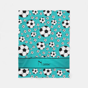 Custom name fun turquoise soccer balls fleece blanket
