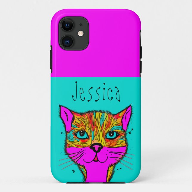 Custom Name Funky Colourful Cat Purple Teal Case-Mate iPhone Case (Back)