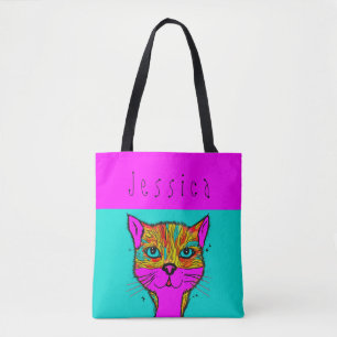 Custom Name Funky Colourful Cat Purple Teal Tote Bag