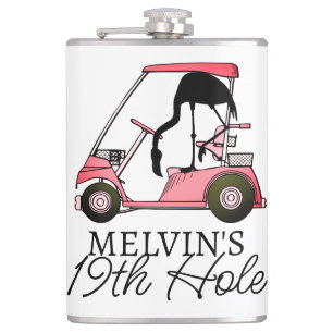 Custom Name Funny 19th Hole Golf Theme Flamingo Hip Flask