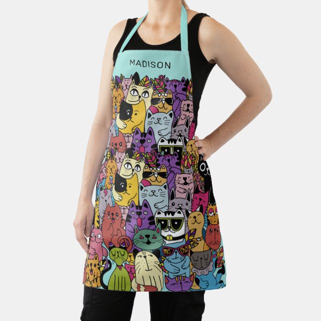 Custom Name Funny Cats Illustration Apron (Insitu)