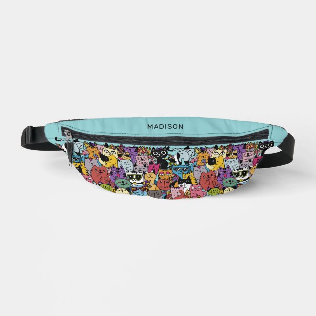 Custom Name Funny Cats Illustration Fanny Pack (Front)
