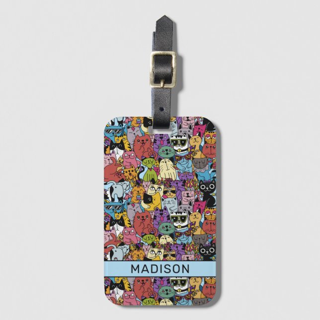 Custom Name Funny Cats Illustration Luggage Tag (Front Vertical)