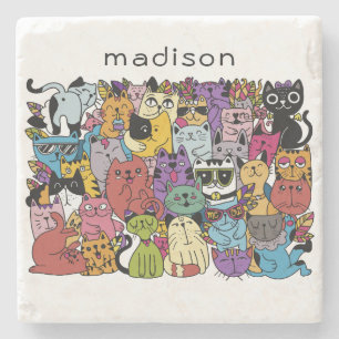 Custom Name Funny Cats Illustration Stone Coaster