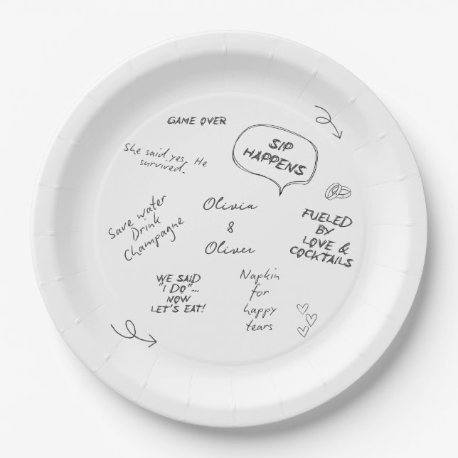 Custom name, funny love note handwriting wedding paper plate (Front)