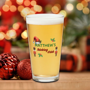 Custom Name Funny Thinking Drink Christmas Hat Glass