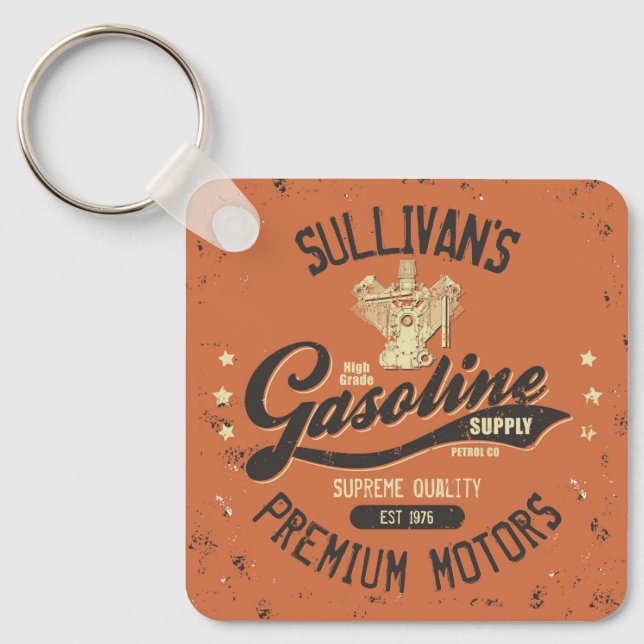 Custom NAME Gasoline Motors Retro Mechanic Garage  Keychain (Front)