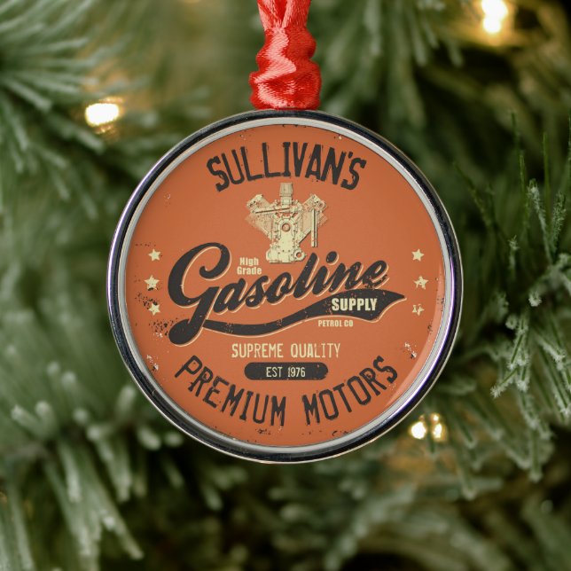 Custom NAME Gasoline Motors Retro Mechanic Garage  Metal Ornament (Tree)