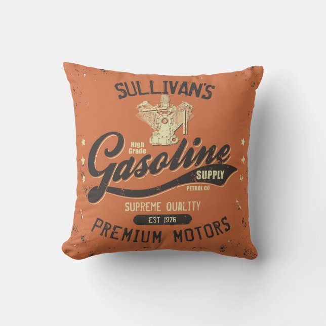 Custom NAME Gasoline Motors Retro Mechanic Garage  Throw Pillow (Front)