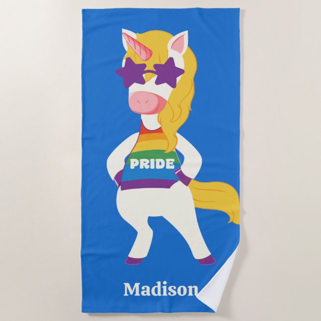 Custom Name Gay Unicorn Beach Towel (Front)