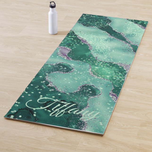 Custom Name Geode Agate Sparkle Rock Green Yoga Mat (In Situ)