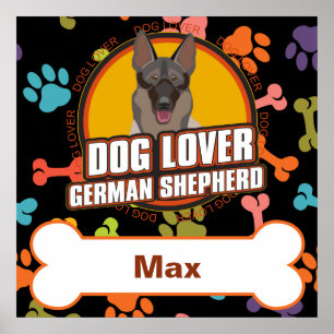 Custom Name German Shepherd Dog Bone Puppy Paws Poster