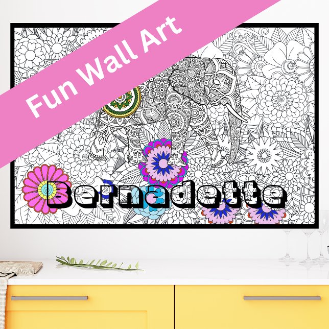 Custom Name Giant Elephant Floral Colouring Poster (Creator Uploaded)