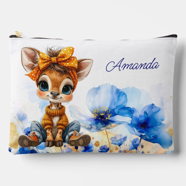 Custom Name Giraffe polka dot bow blue poppies Accessory Pouch (Front)