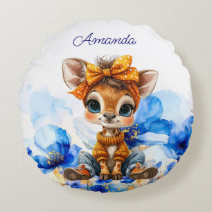 Custom Name Giraffe polka dot bow blue poppies Round Pillow