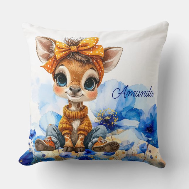 Custom Name Giraffe polka dot bow blue poppies Throw Pillow (Front)