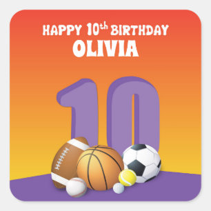 Custom Name Girl 10th Birthday Sports Balls Square Sticker