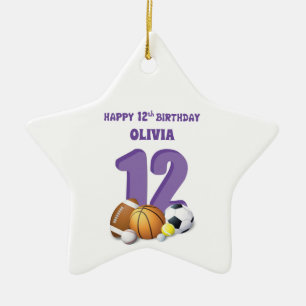 Custom Name Girl 12th Birthday Sports Balls Ceramic Ornament