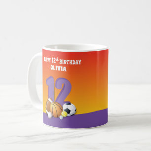 Custom Name Girl 12th Birthday Sports Balls Coffee Mug