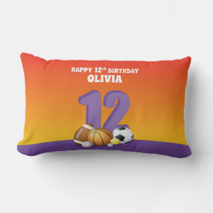 Custom Name Girl 12th Birthday Sports Balls Lumbar Pillow