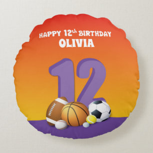 Custom Name Girl 12th Birthday Sports Balls Round Pillow