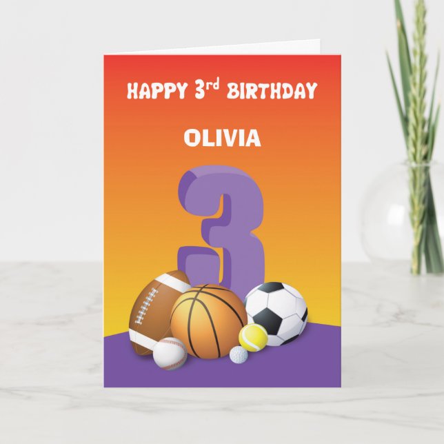 Custom Name Girl 3rd Birthday Sports Balls Card (Front)