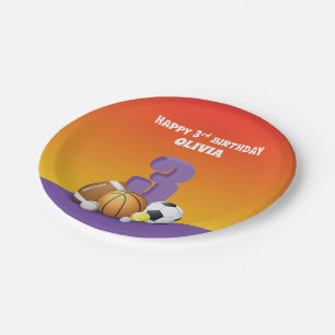 Custom Name Girl 3rd Birthday Sports Balls Paper Plate