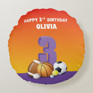 Custom Name Girl 3rd Birthday Sports Balls Round Pillow
