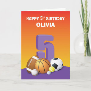 Custom Name Girl 5th Birthday Sports Balls Card