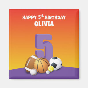 Custom Name Girl 5th Birthday Sports Balls Magnet