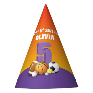 Custom Name Girl 5th Birthday Sports Balls Party Hat