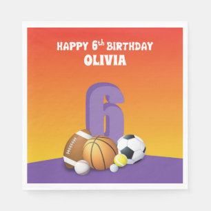 Custom Name Girl 6th Birthday Sports Balls Napkin