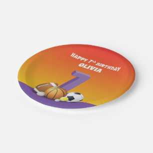 Custom Name Girl 7th Birthday Sports Balls Paper Plate