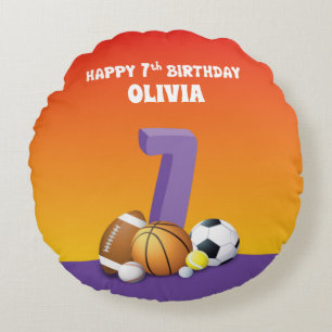 Custom Name Girl 7th Birthday Sports Balls Round Pillow